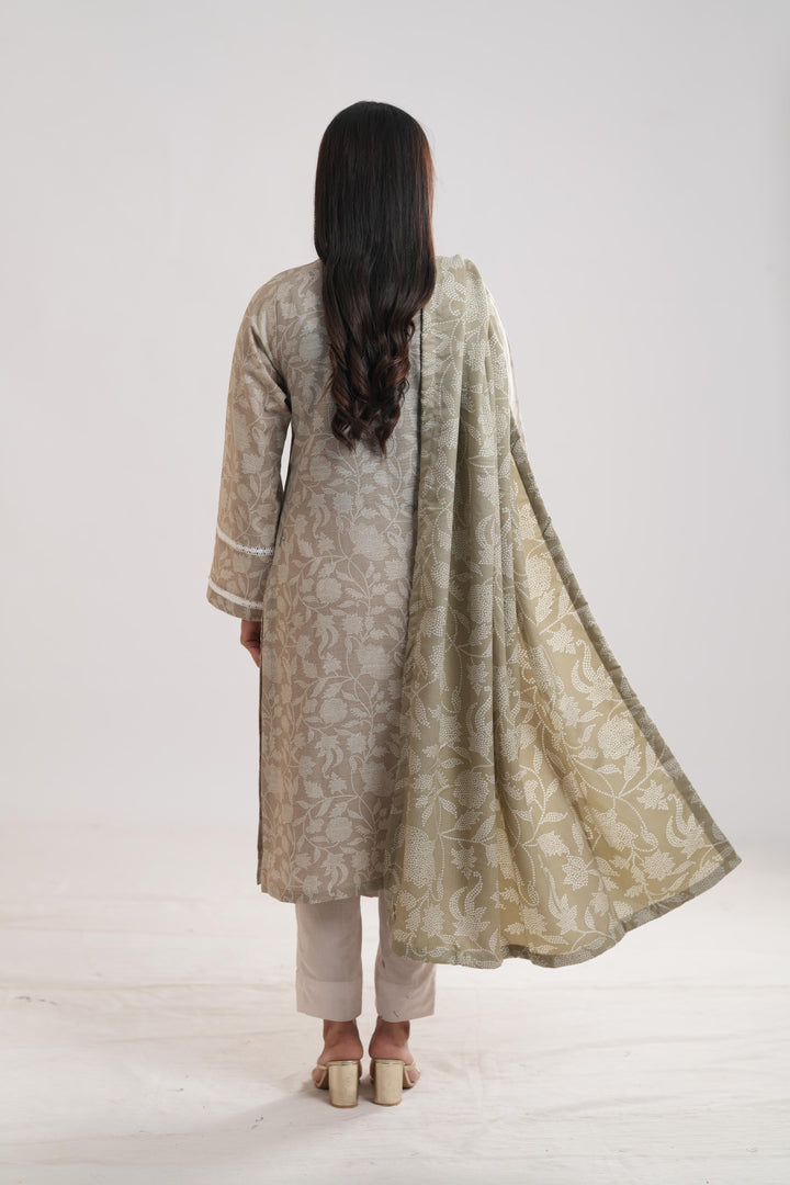 Khaddar Beige Stitched Suit - Limelight