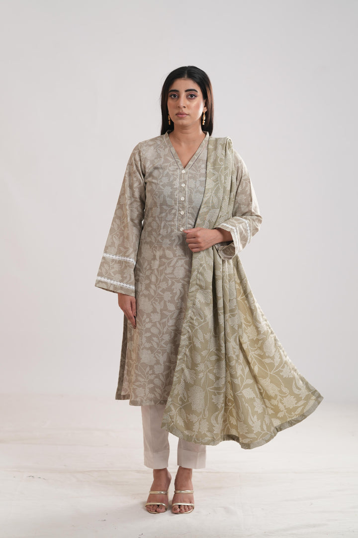 Khaddar Beige Stitched Suit - Limelight