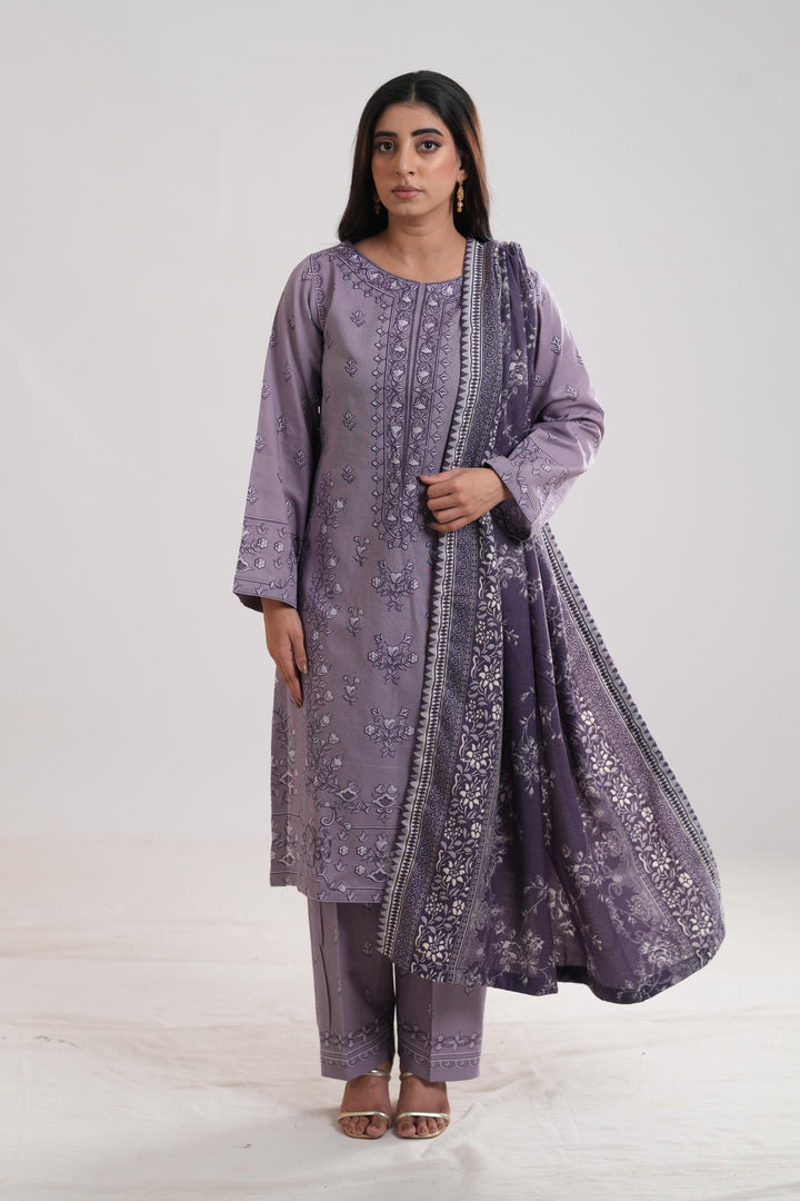 Khaddar Purple Stitched Suit - Limelight