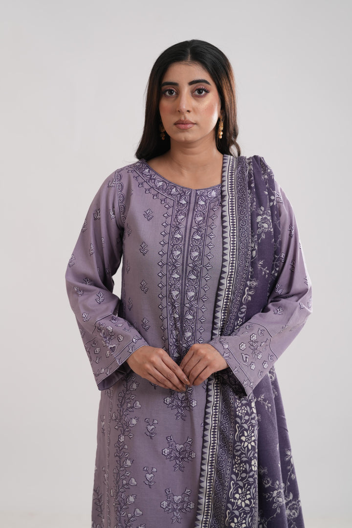 Khaddar Purple Stitched Suit - Limelight