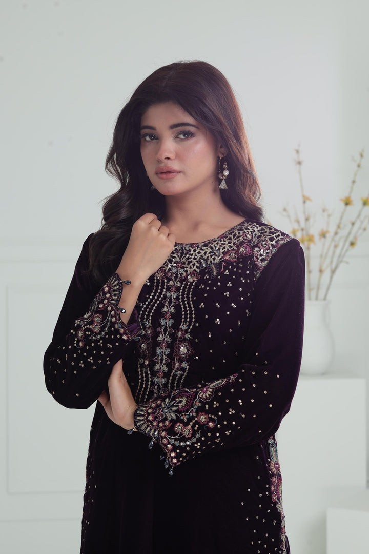 Embroidered Velvet Purple Stitched Suit - Baroque