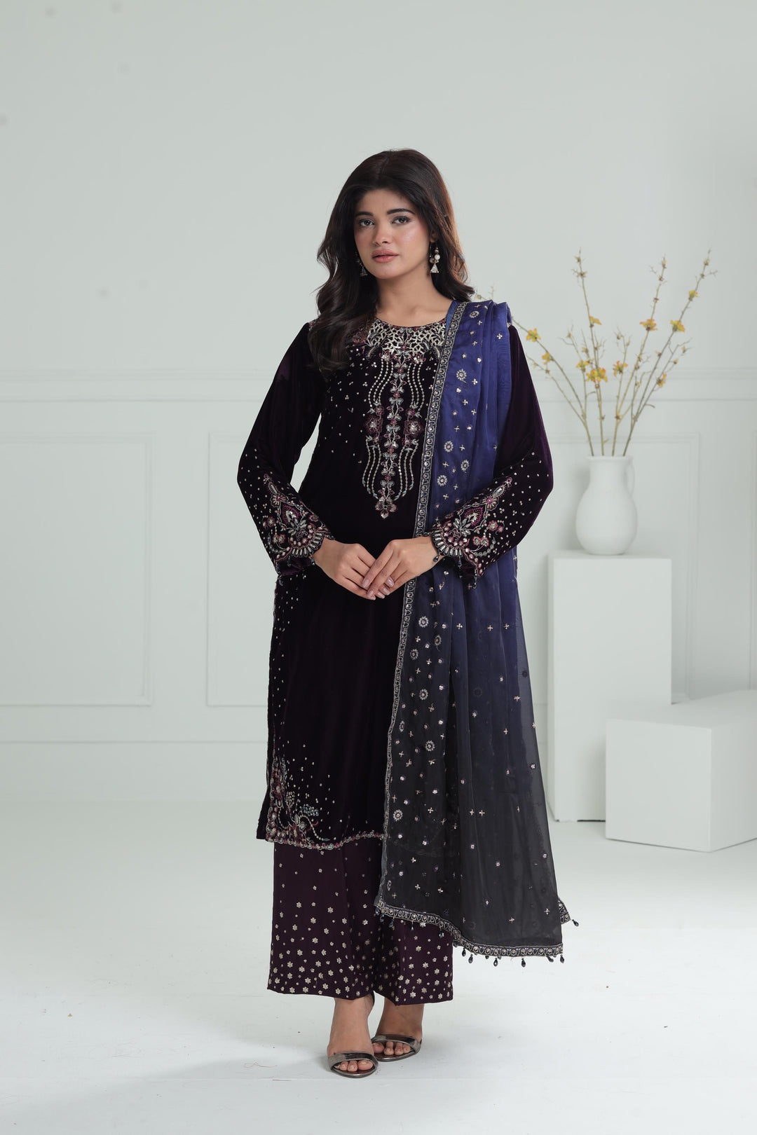 Embroidered Velvet Purple Stitched Suit - Baroque