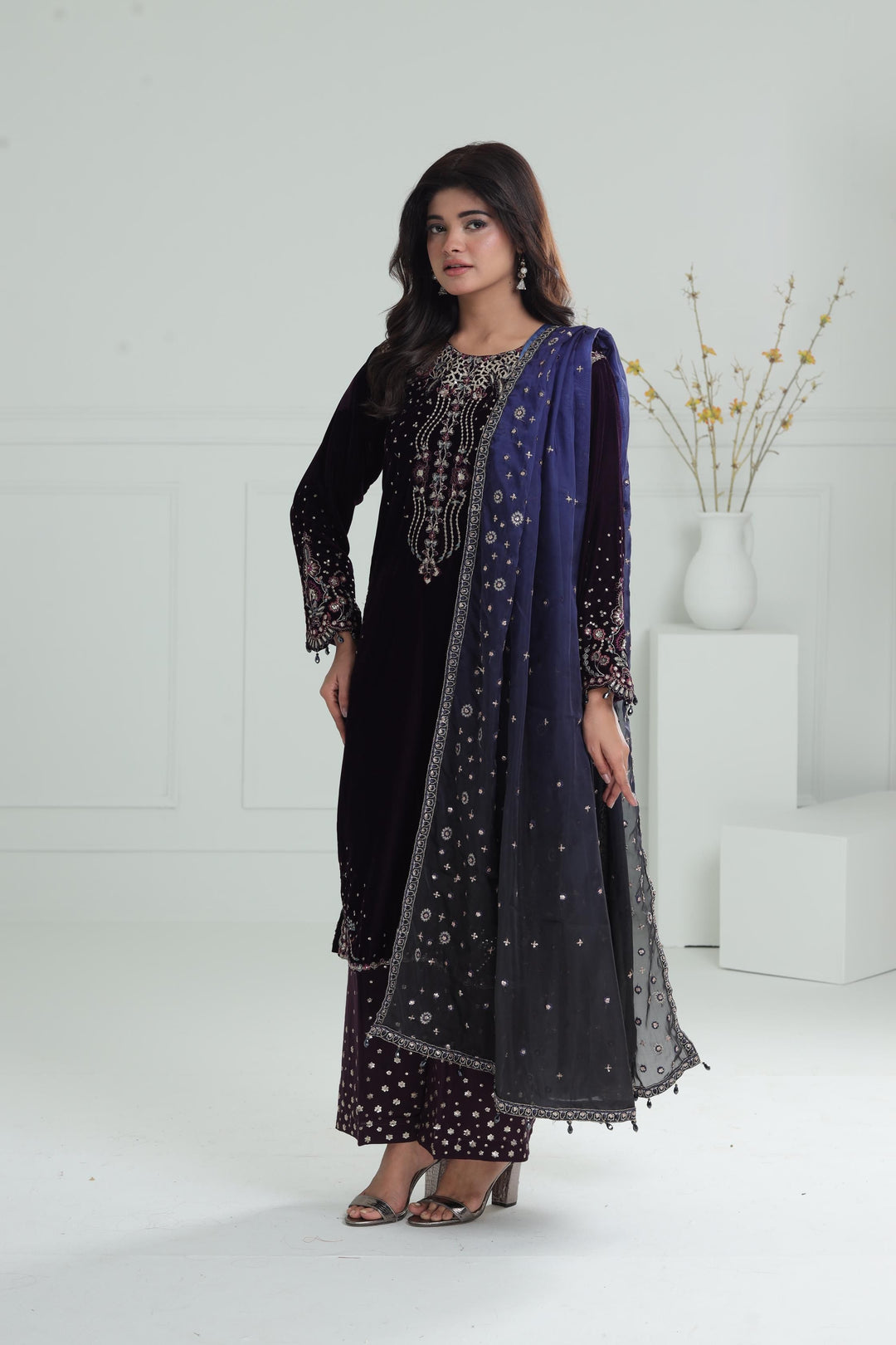 Embroidered Velvet Purple Stitched Suit - Baroque