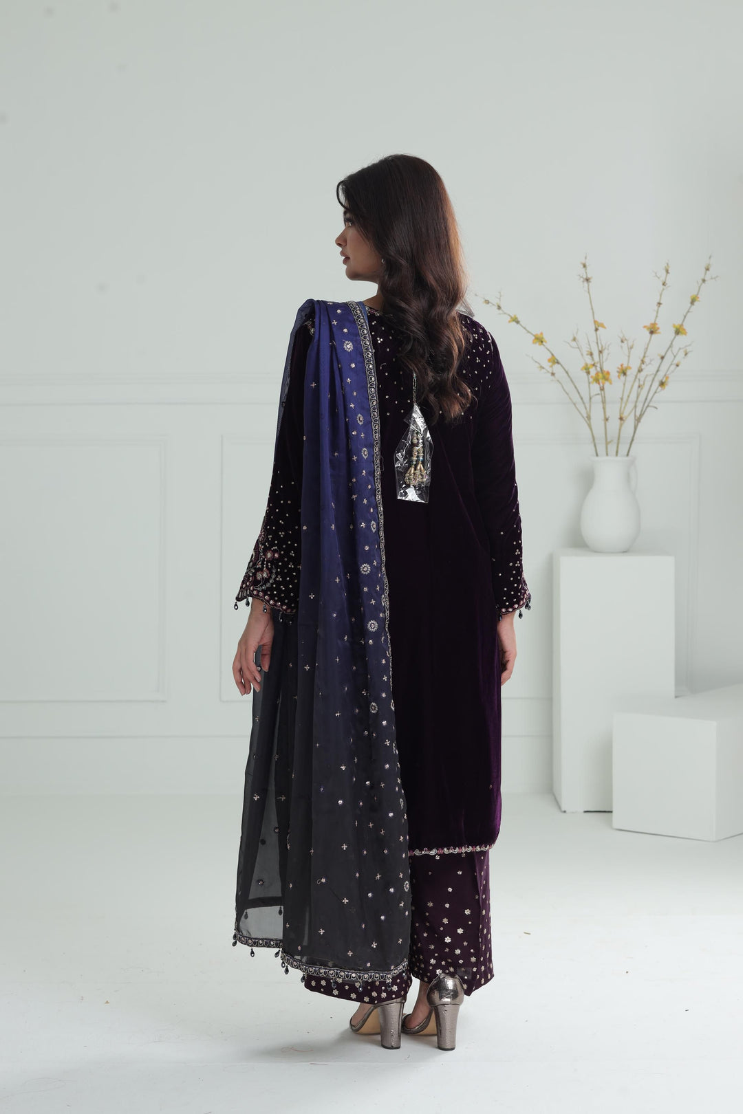 Embroidered Velvet Purple Stitched Suit - Baroque