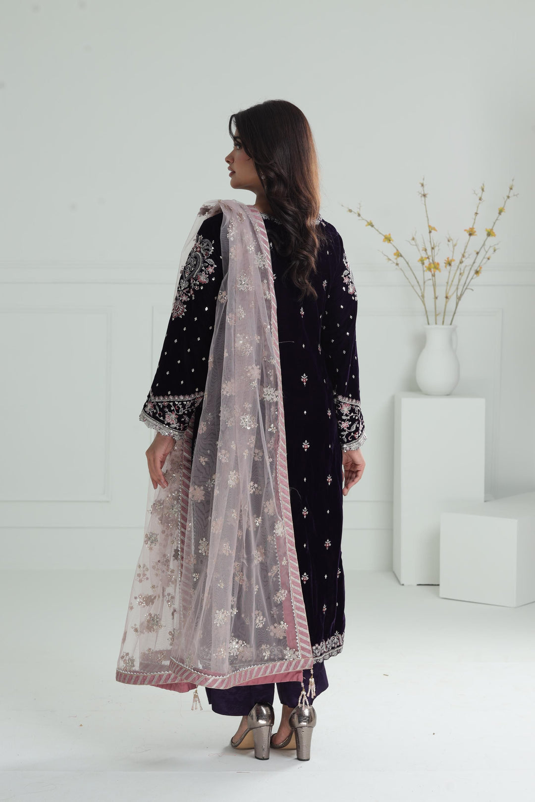Embroidered Velvet Dark Purple Stitched Suit - Baroque