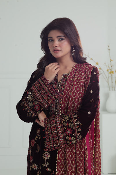 Embroidered Velvet Purple Stitched Suit - Baroque