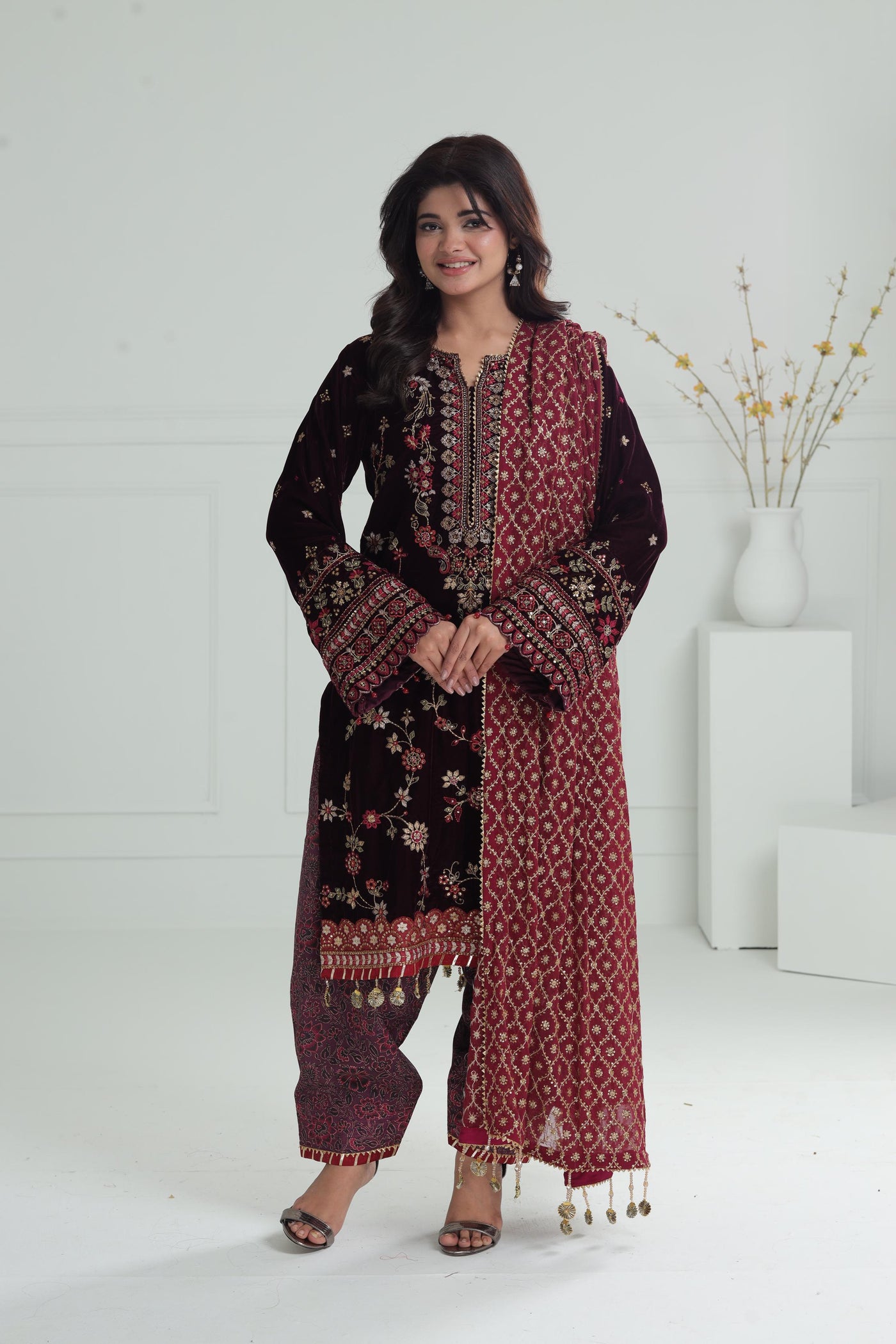 Embroidered Velvet Purple Stitched Suit - Baroque