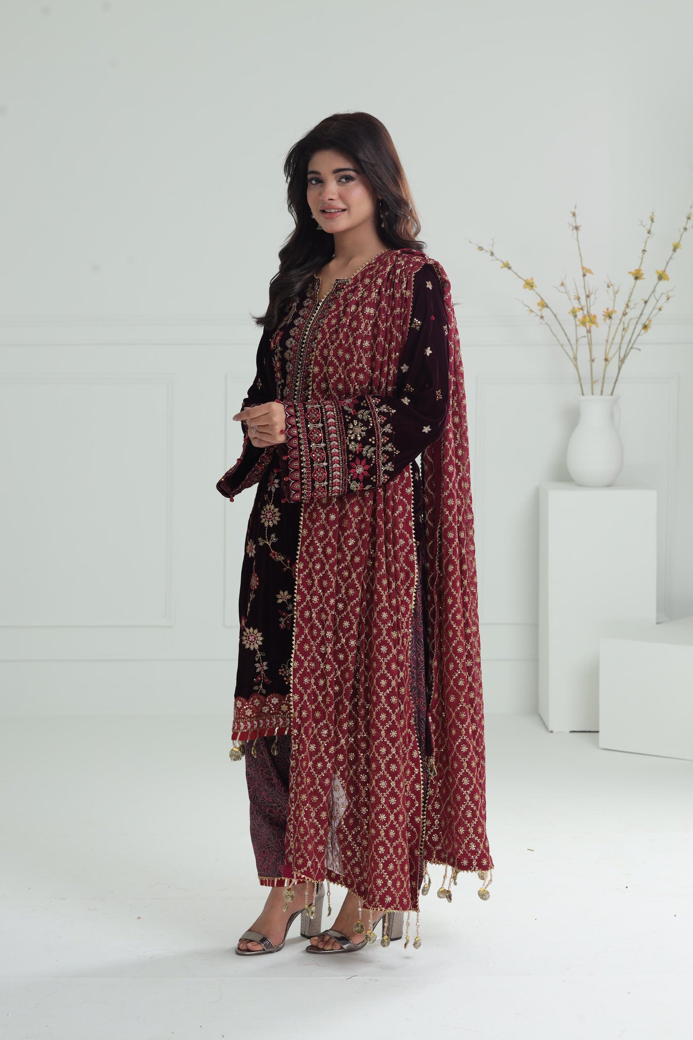 Embroidered Velvet Purple Stitched Suit - Baroque