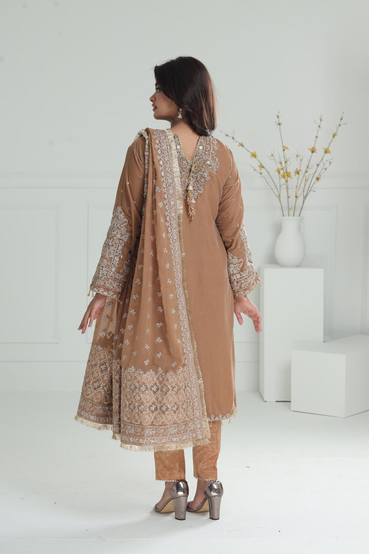 Embroidered Velvet Khaki Stitched Suit - Baroque