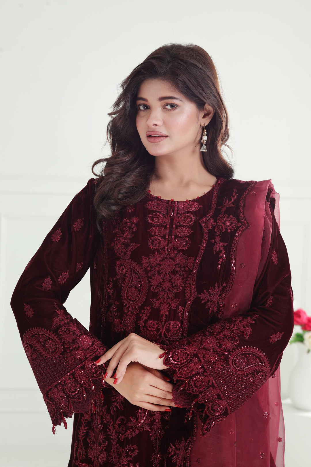 Embroidered Velvet Maroon Stitched Suit - Baroque