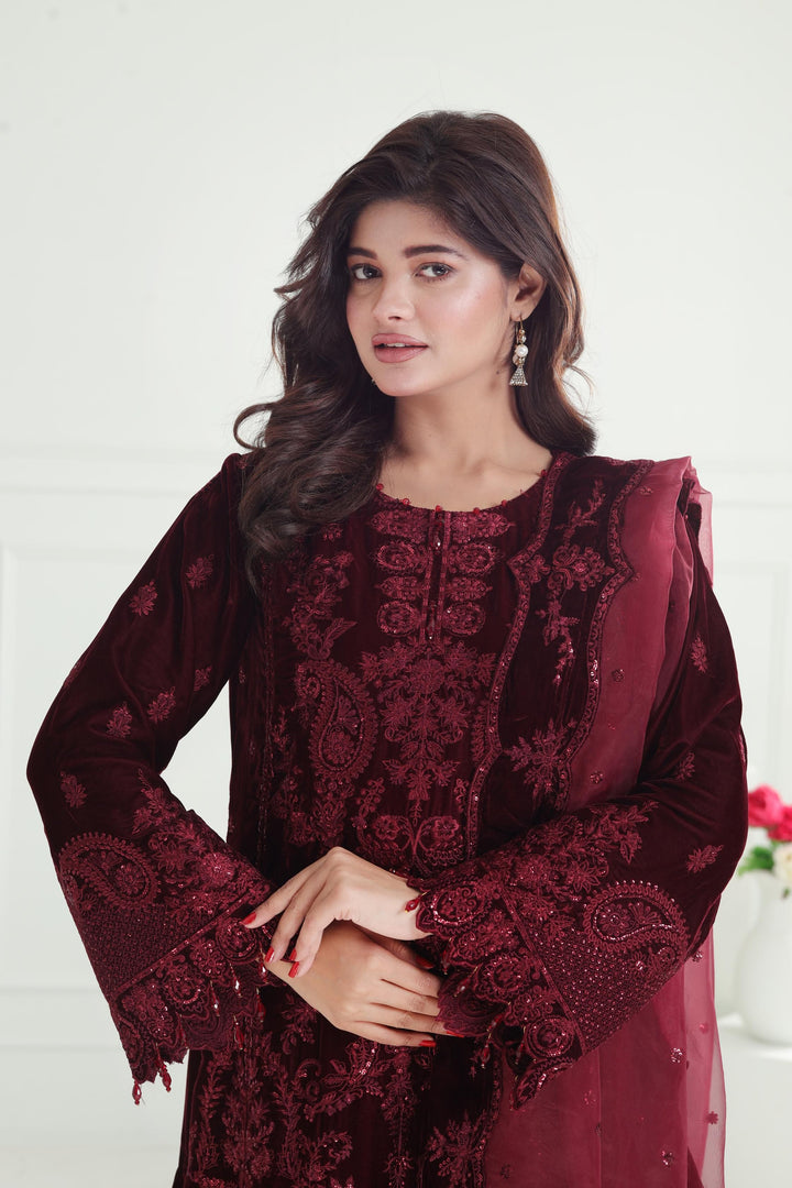 Embroidered Velvet Maroon Stitched Suit - Baroque