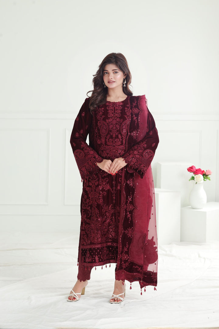 Embroidered Velvet Maroon Stitched Suit - Baroque