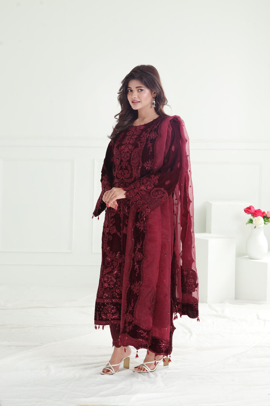 Embroidered Velvet Maroon Stitched Suit - Baroque