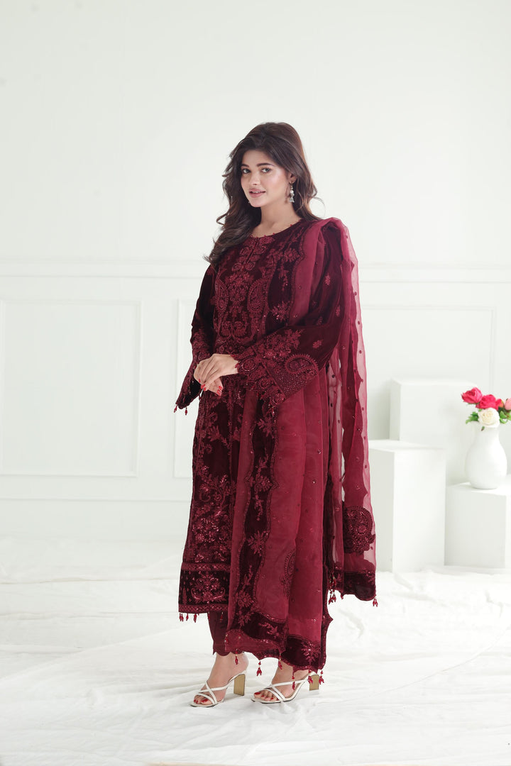 Embroidered Velvet Maroon Stitched Suit - Baroque