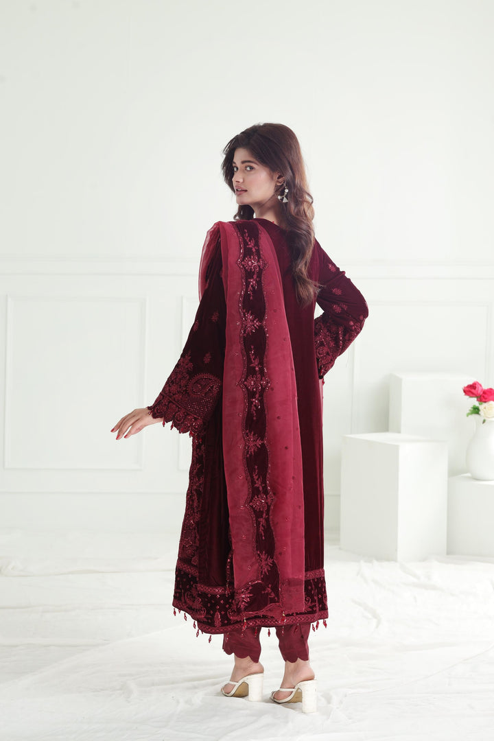 Embroidered Velvet Maroon Stitched Suit - Baroque