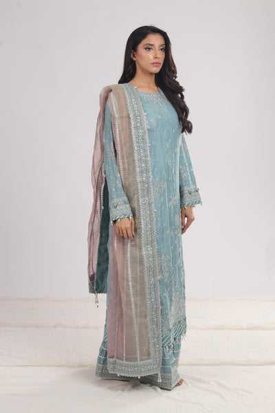 Embroidered Raw Silk Sky Blue 3 Piece Stitched Suit - Jazmin