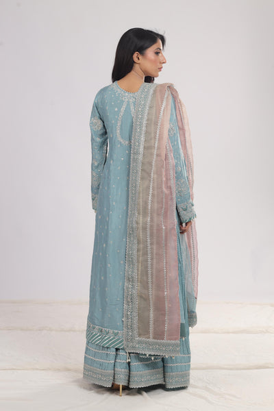 Embroidered Raw Silk Sky Blue 3 Piece Stitched Suit - Jazmin