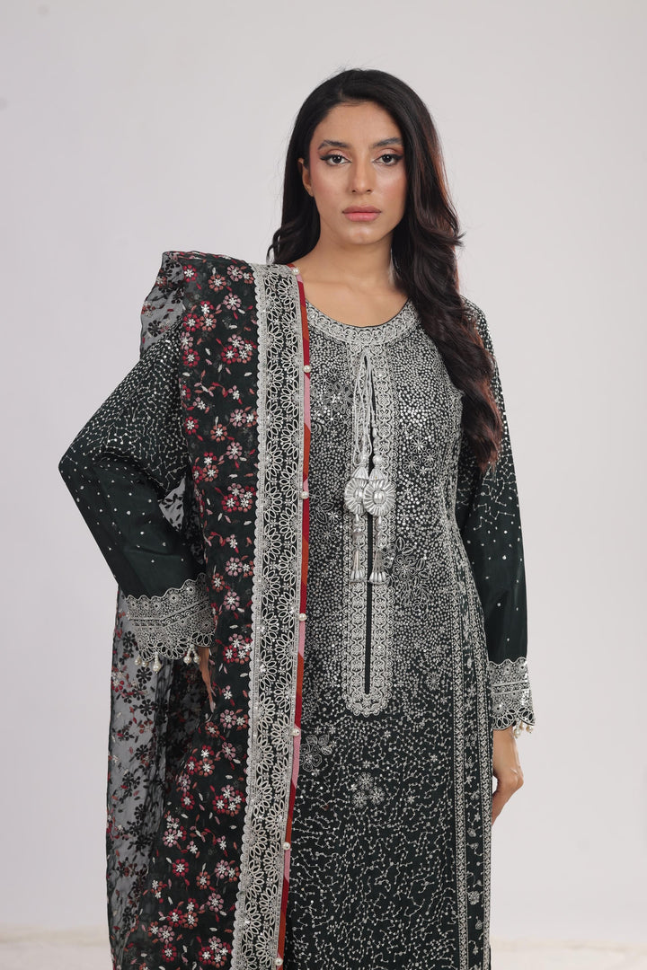 Embroidered Raw Silk Dark Green 3 Piece Stitched Suit - Jazmin