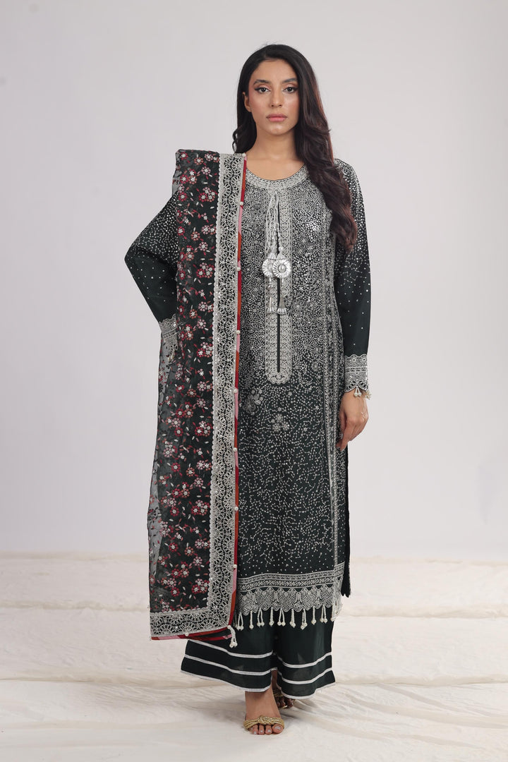 Embroidered Raw Silk Dark Green 3 Piece Stitched Suit - Jazmin