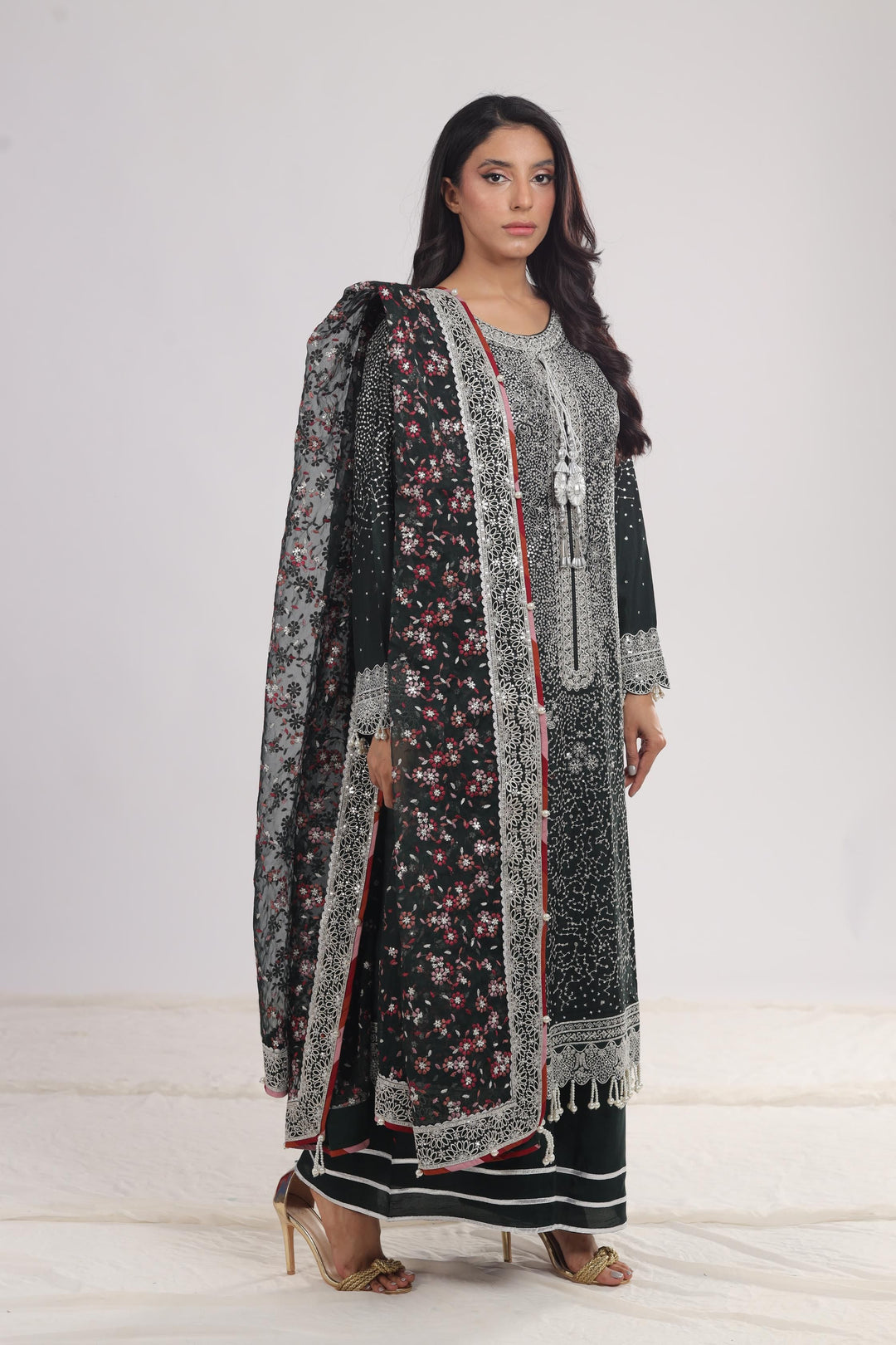 Embroidered Raw Silk Dark Green 3 Piece Stitched Suit - Jazmin