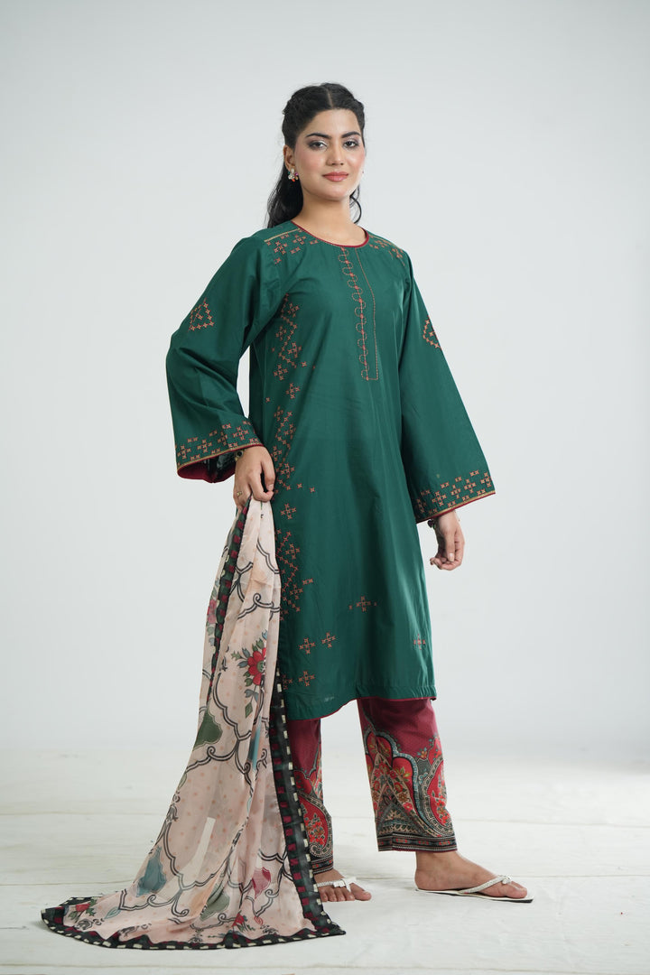 Lawn Sea Green Stitched Suit - Jazmin
