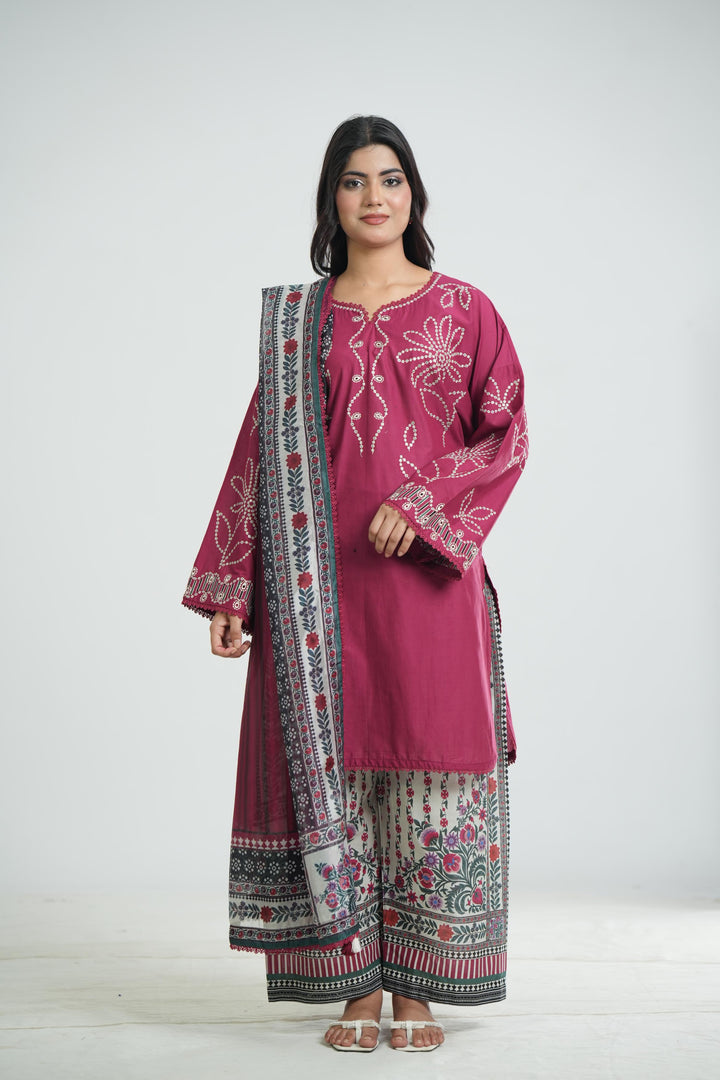 Lawn Maroon Stitched Suit - Jazmin