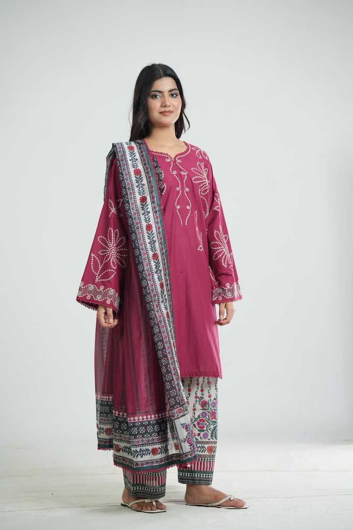 Lawn Maroon Stitched Suit - Jazmin
