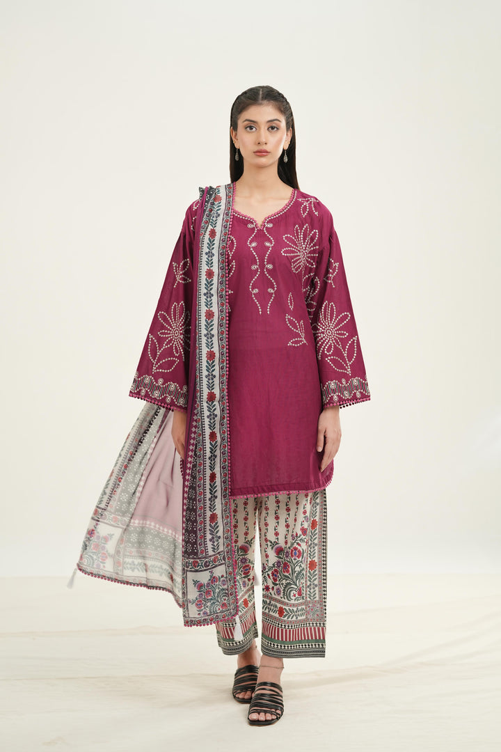 Embroidered Lawn Maroon Stitched Suit - Jazmin