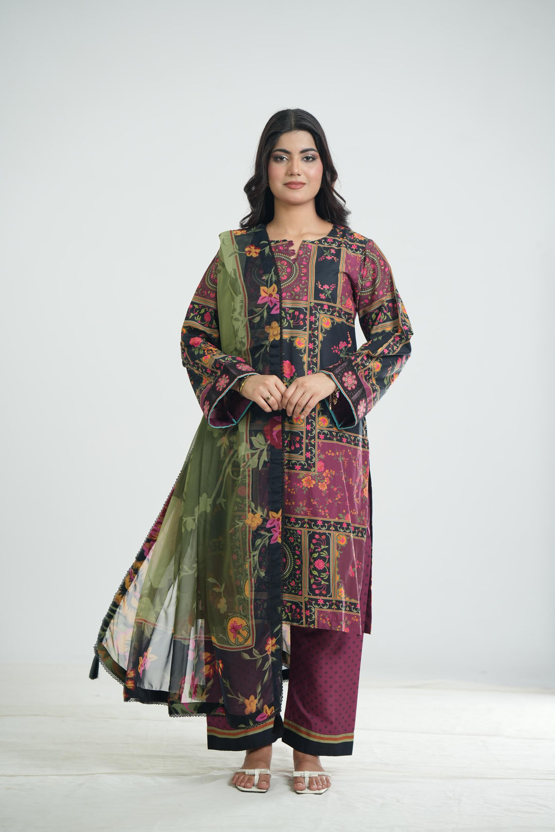 Lawn Plum Stitched Suit - Jazmin