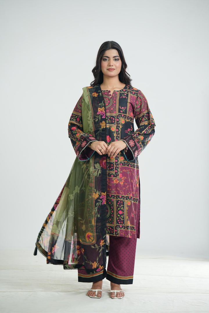 Lawn Plum Stitched Suit - Jazmin