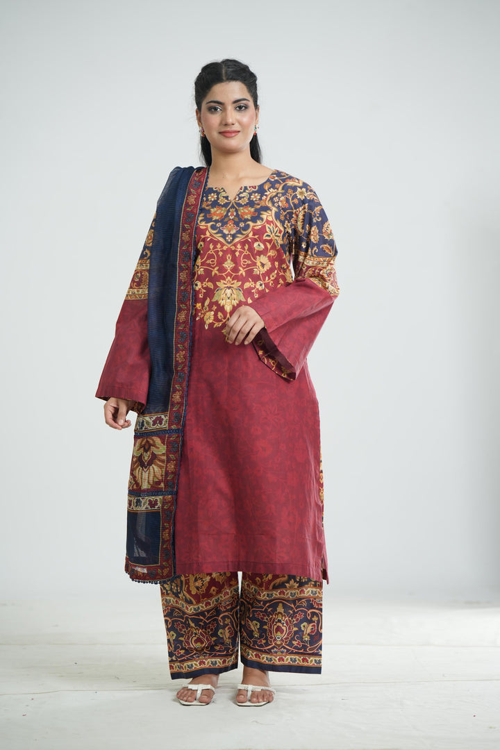 Lawn Maroon Stitched Suit - Jazmin