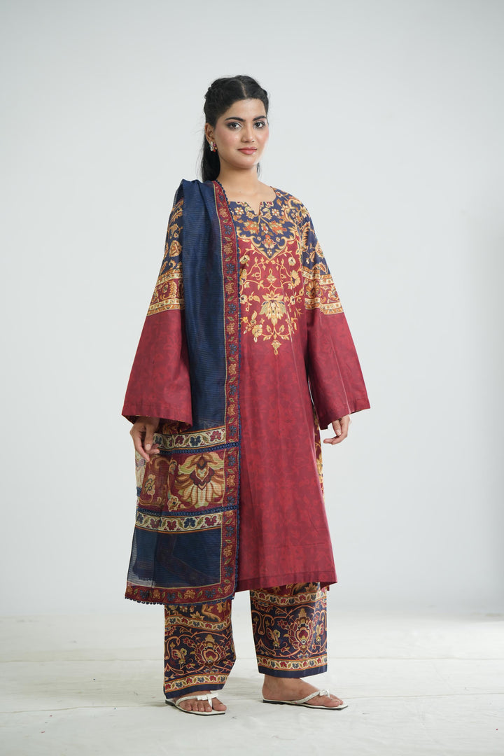 Lawn Maroon Stitched Suit - Jazmin