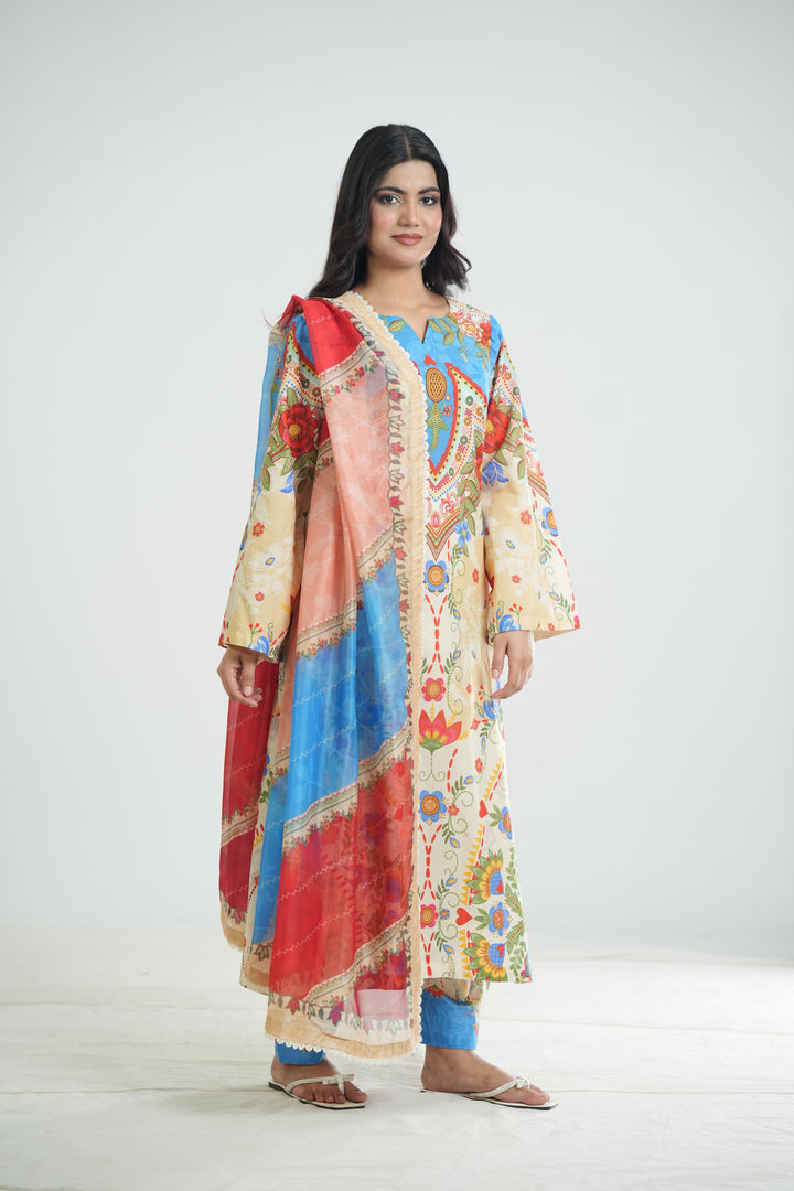 Lawn Cream Stitched Suit - Jazmin