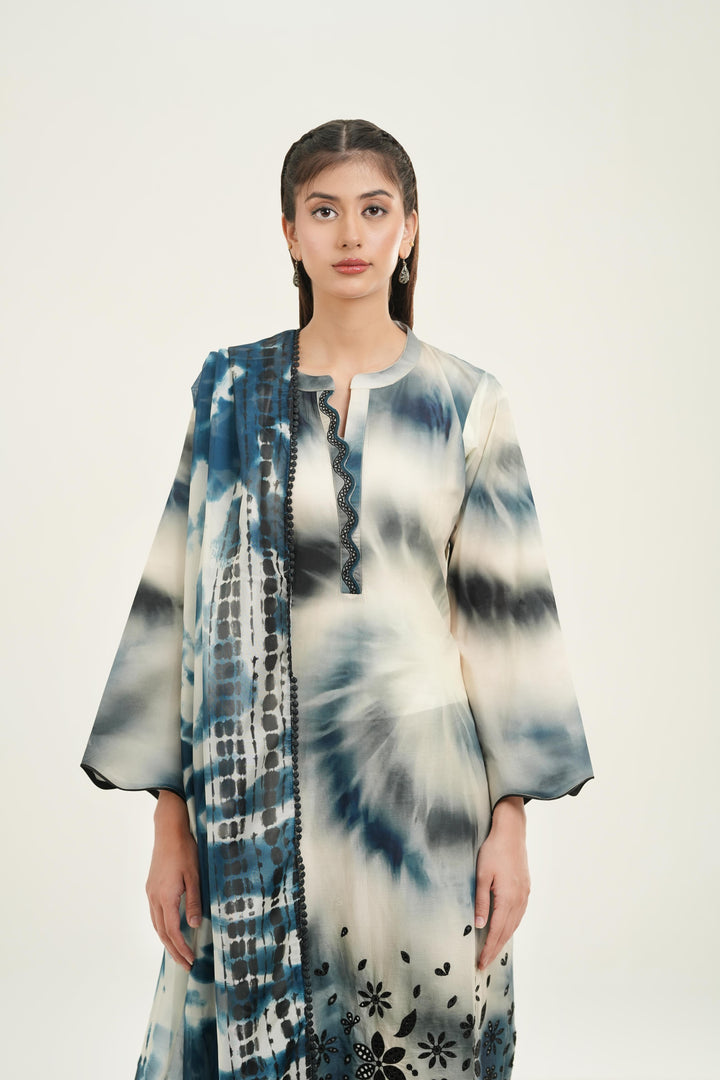 Embroidered Lawn Ink Blue Stitched Suit - Jazmin
