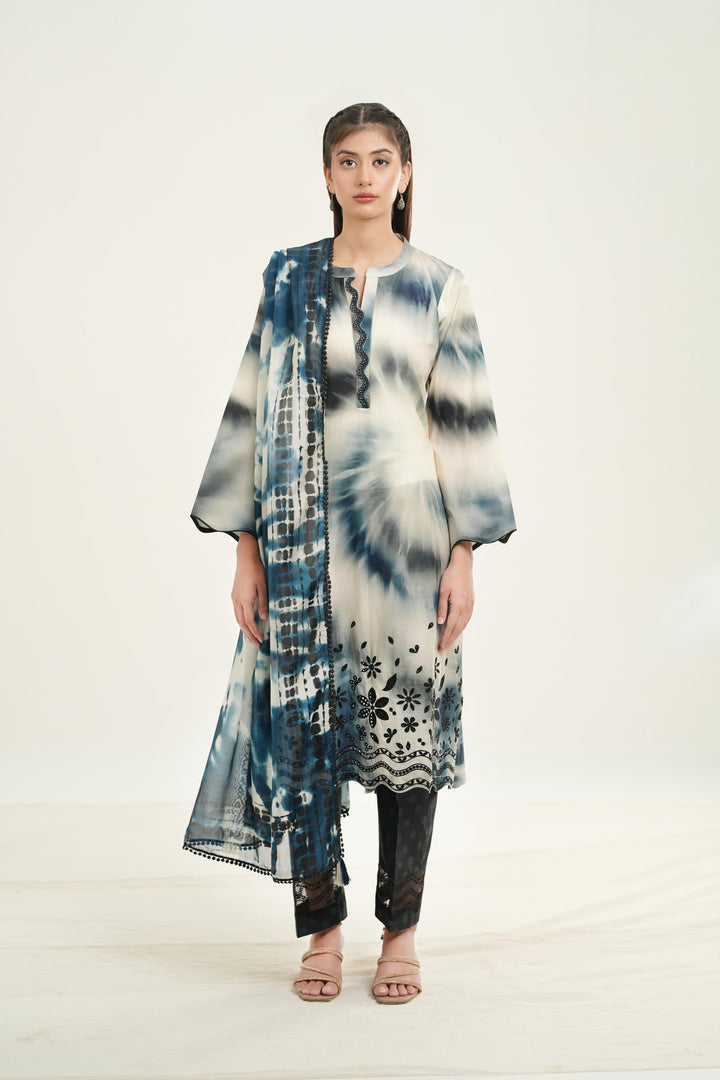 Embroidered Lawn Ink Blue Stitched Suit - Jazmin