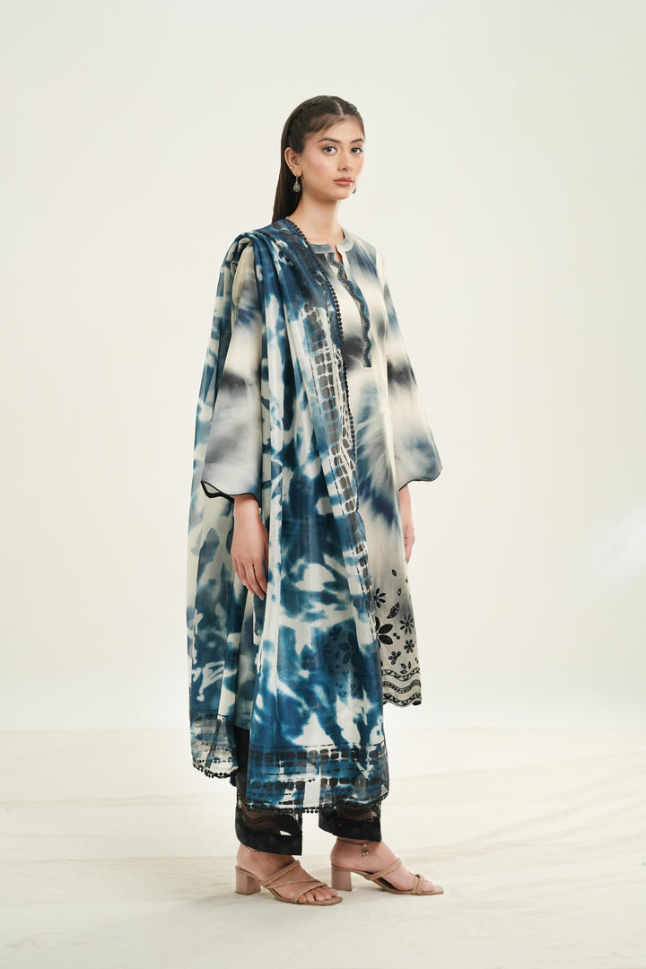 Embroidered Lawn Ink Blue Stitched Suit - Jazmin