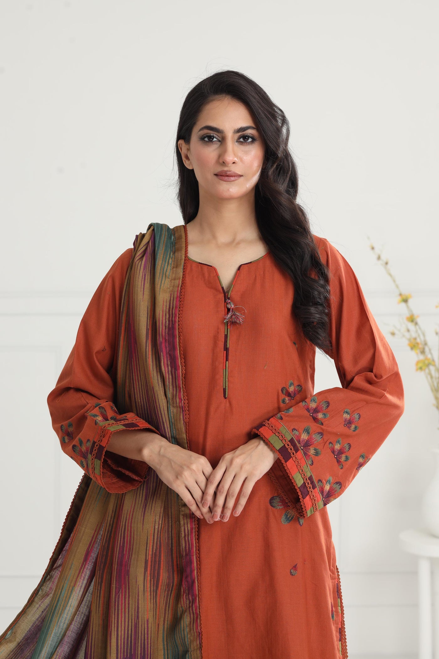 Embroidered Slub Khaddar Mustard Stitched Suit - Jazmin