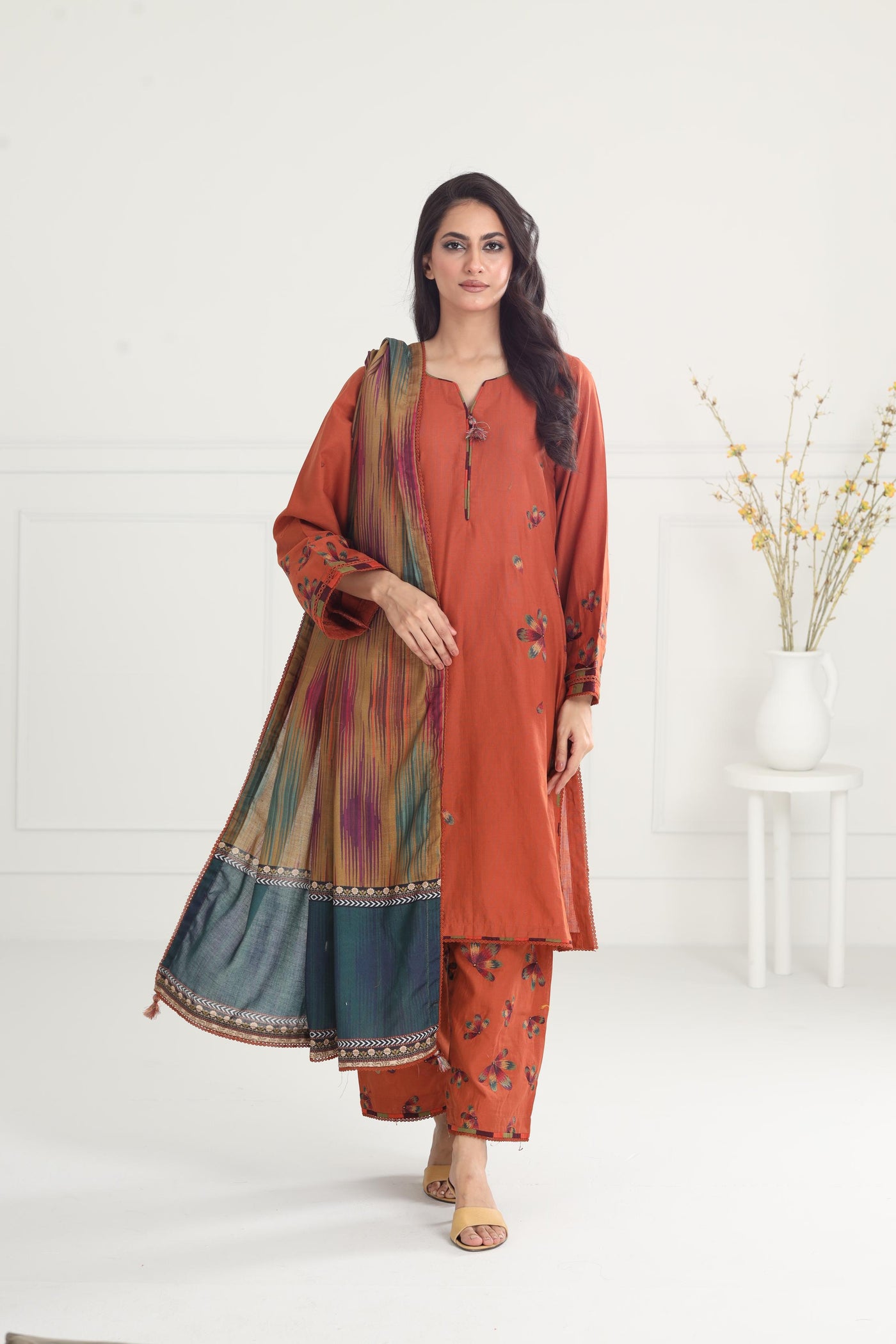 Embroidered Slub Khaddar Mustard Stitched Suit - Jazmin