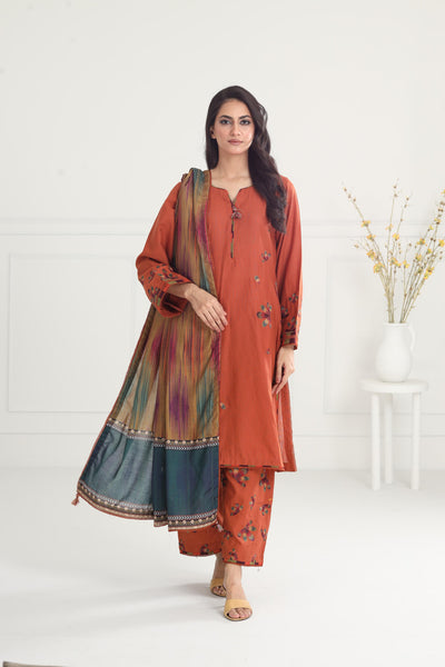 Embroidered Slub Khaddar Mustard Stitched Suit - Jazmin