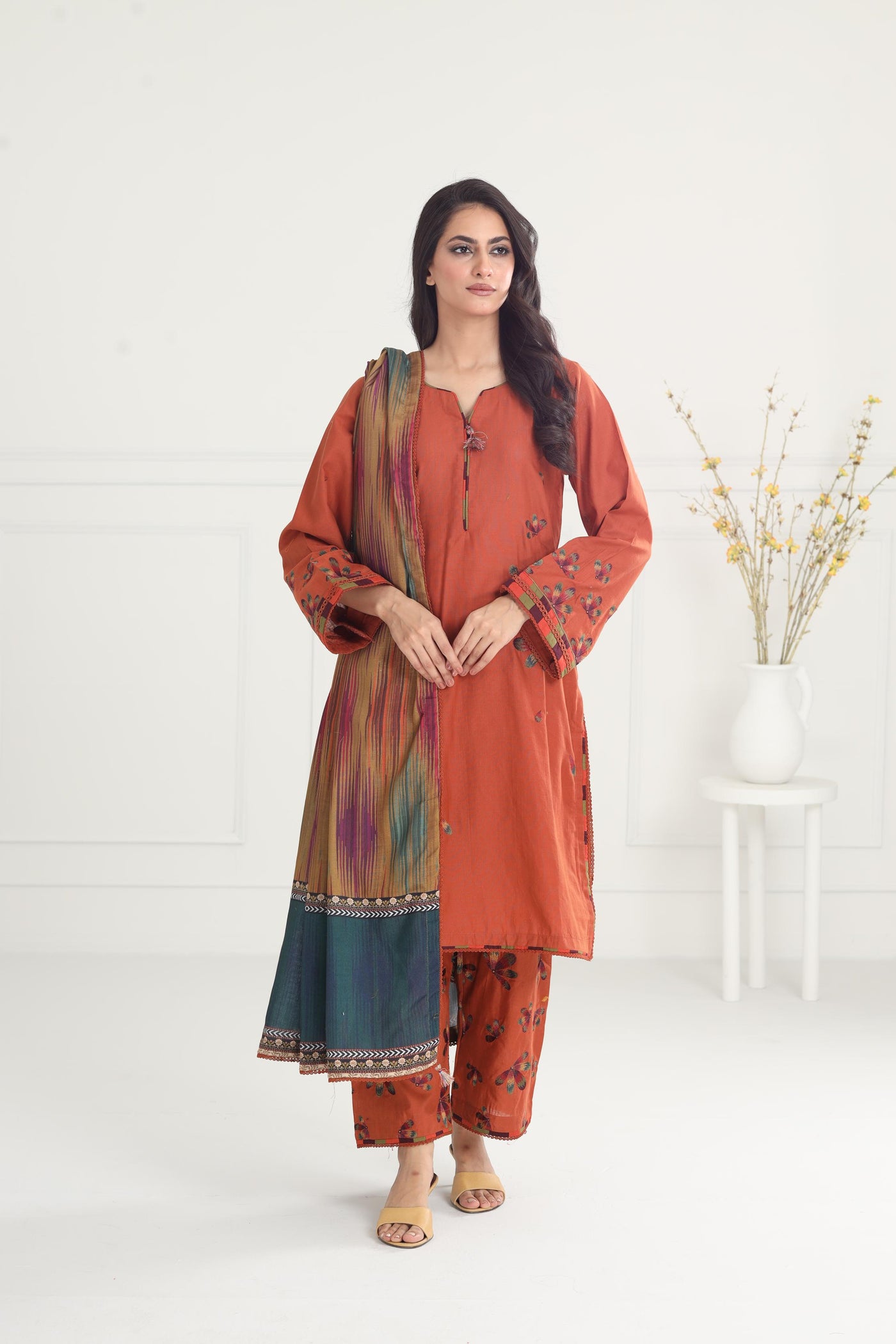 Embroidered Slub Khaddar Mustard Stitched Suit - Jazmin