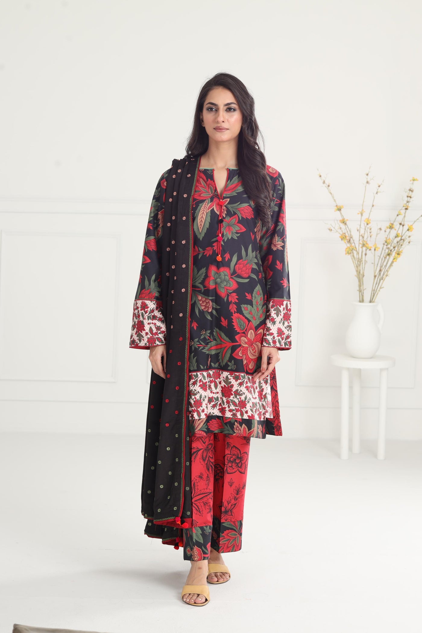 Digital Printed Premium Viscose Red Stitched Suit - Jazmin