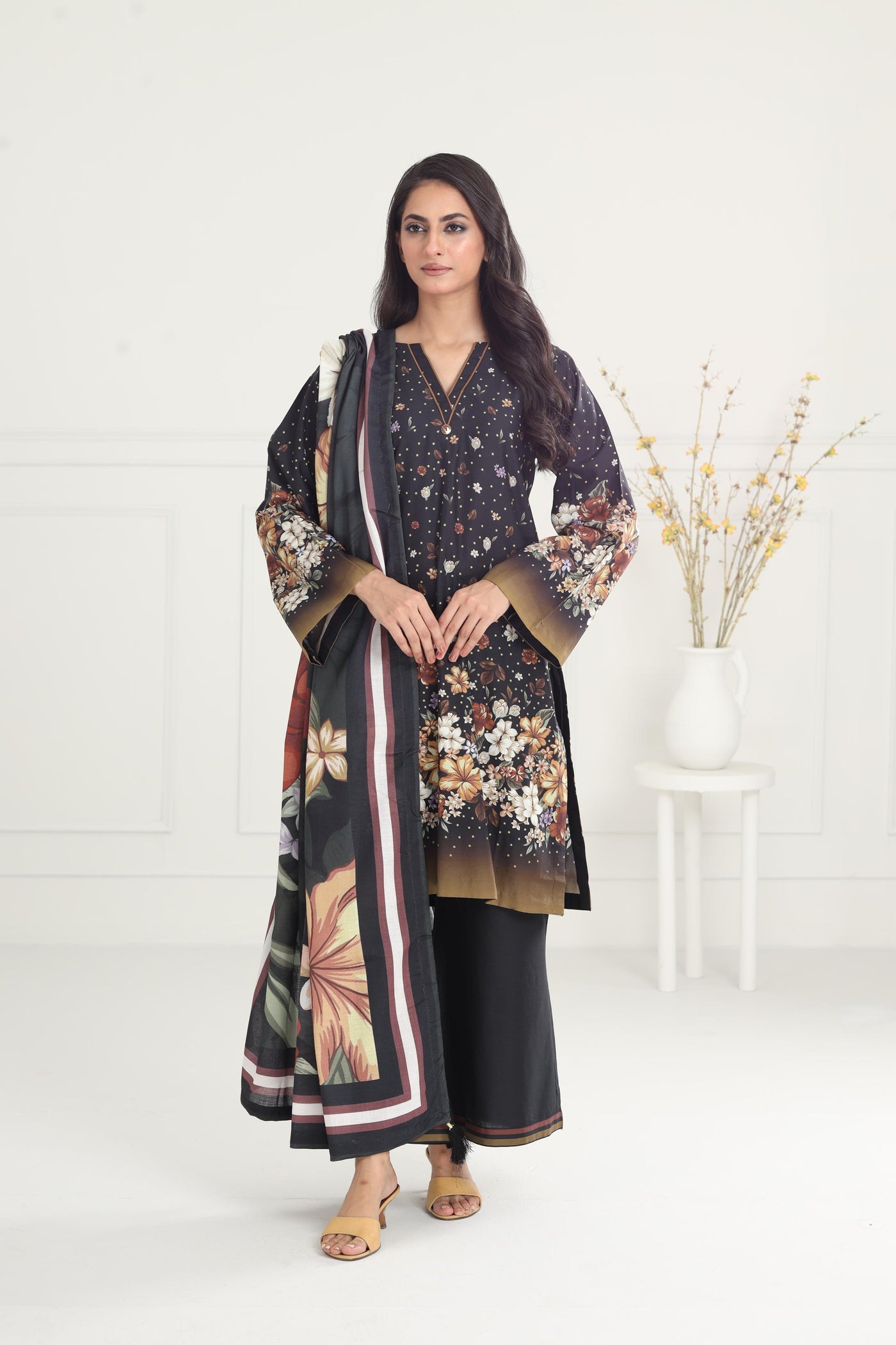 Digital Printed Premium Viscose Black Stitched Suit - Jazmin