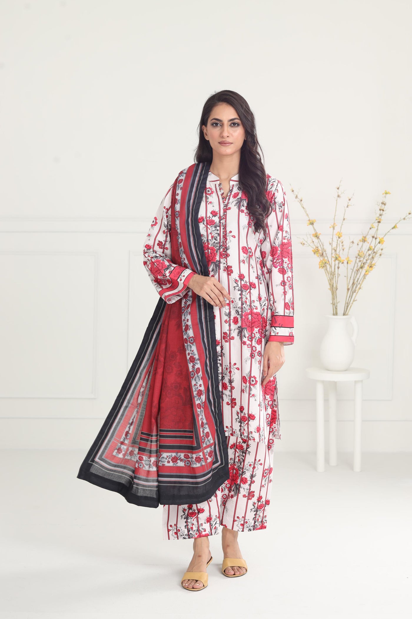 Digital Printed Premium Viscose White Stitched Suit - Jazmin