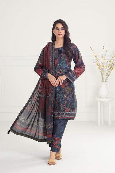 Digital Printed Embroidered Premium Viscose Blue Stitched Suit - Jazmin