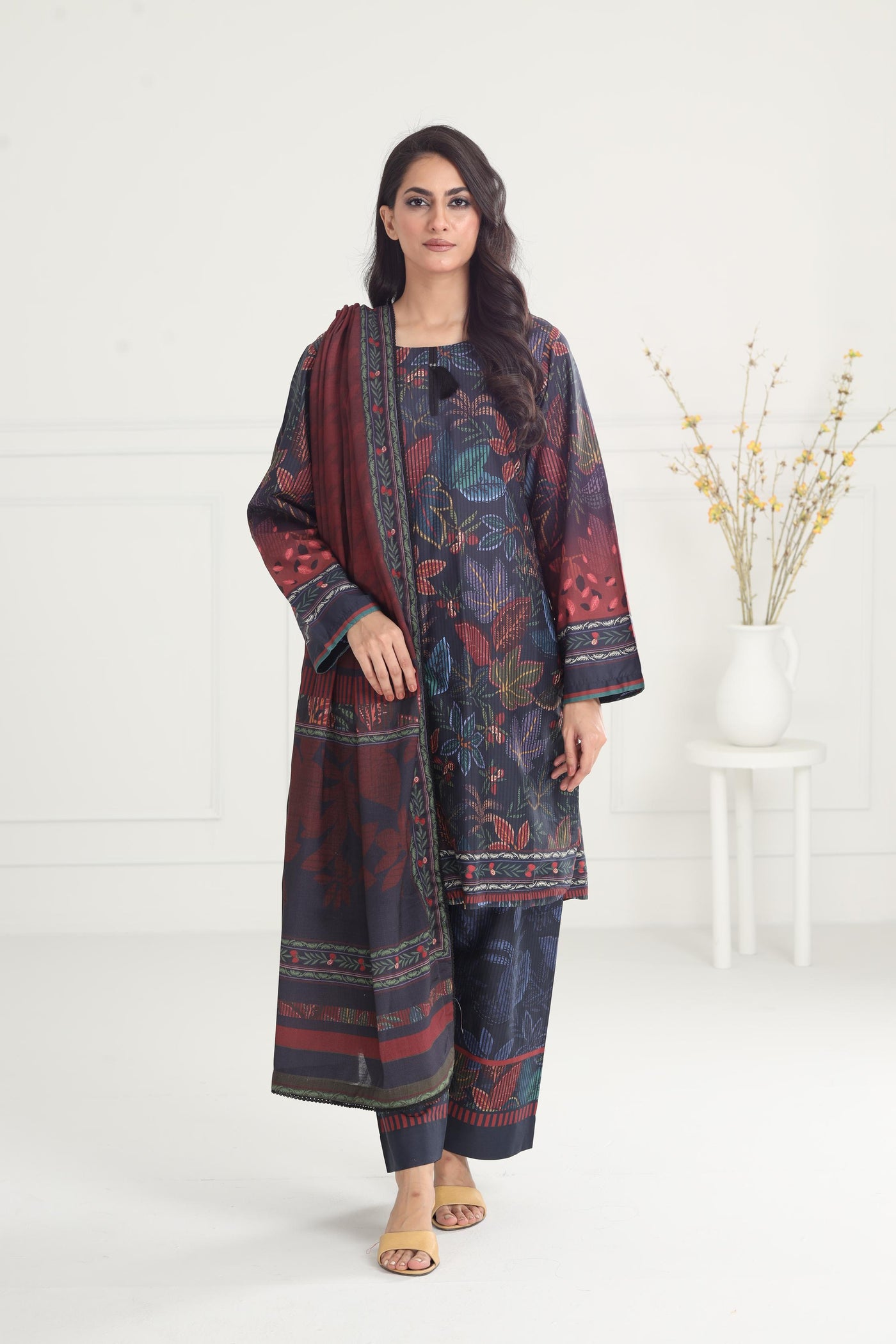 Digital Printed Embroidered Premium Viscose Blue Stitched Suit - Jazmin