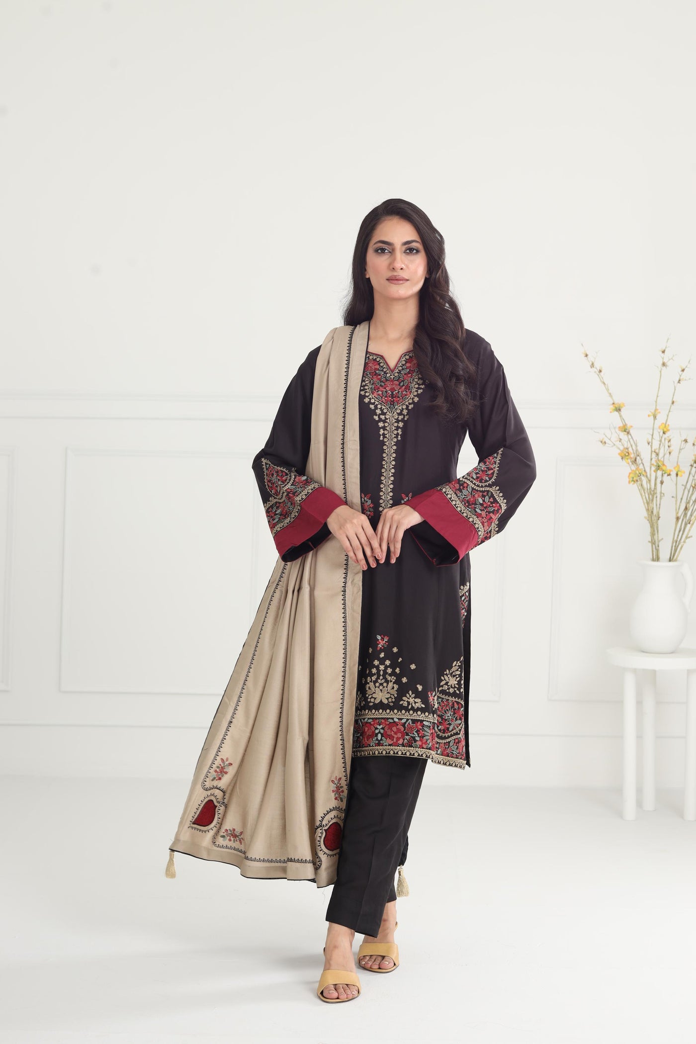 Embroidered Premium Viscose Black Stitched Suit - Jazmin