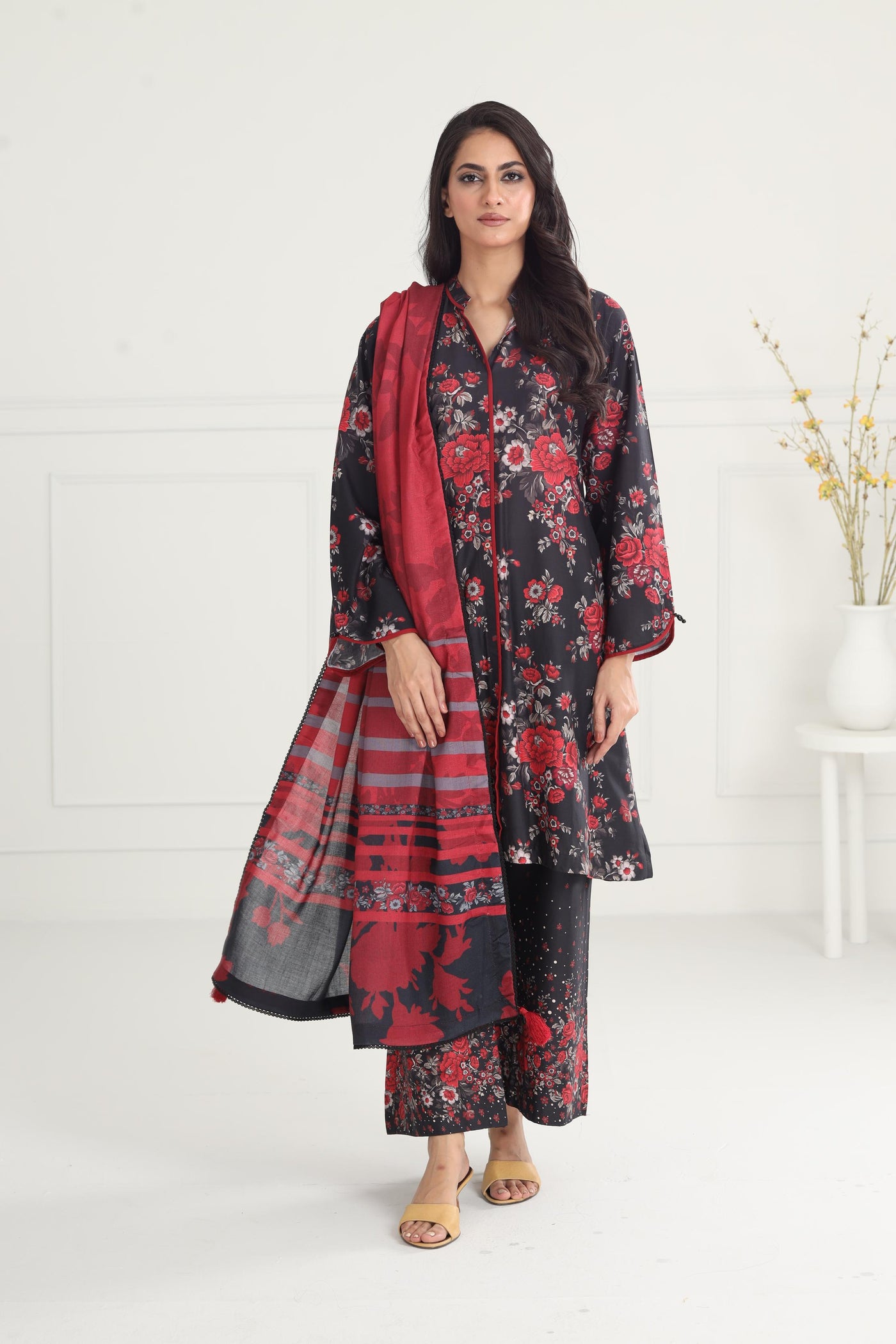 Embroidered Premium Viscose Red Stitched Suit - Jazmin