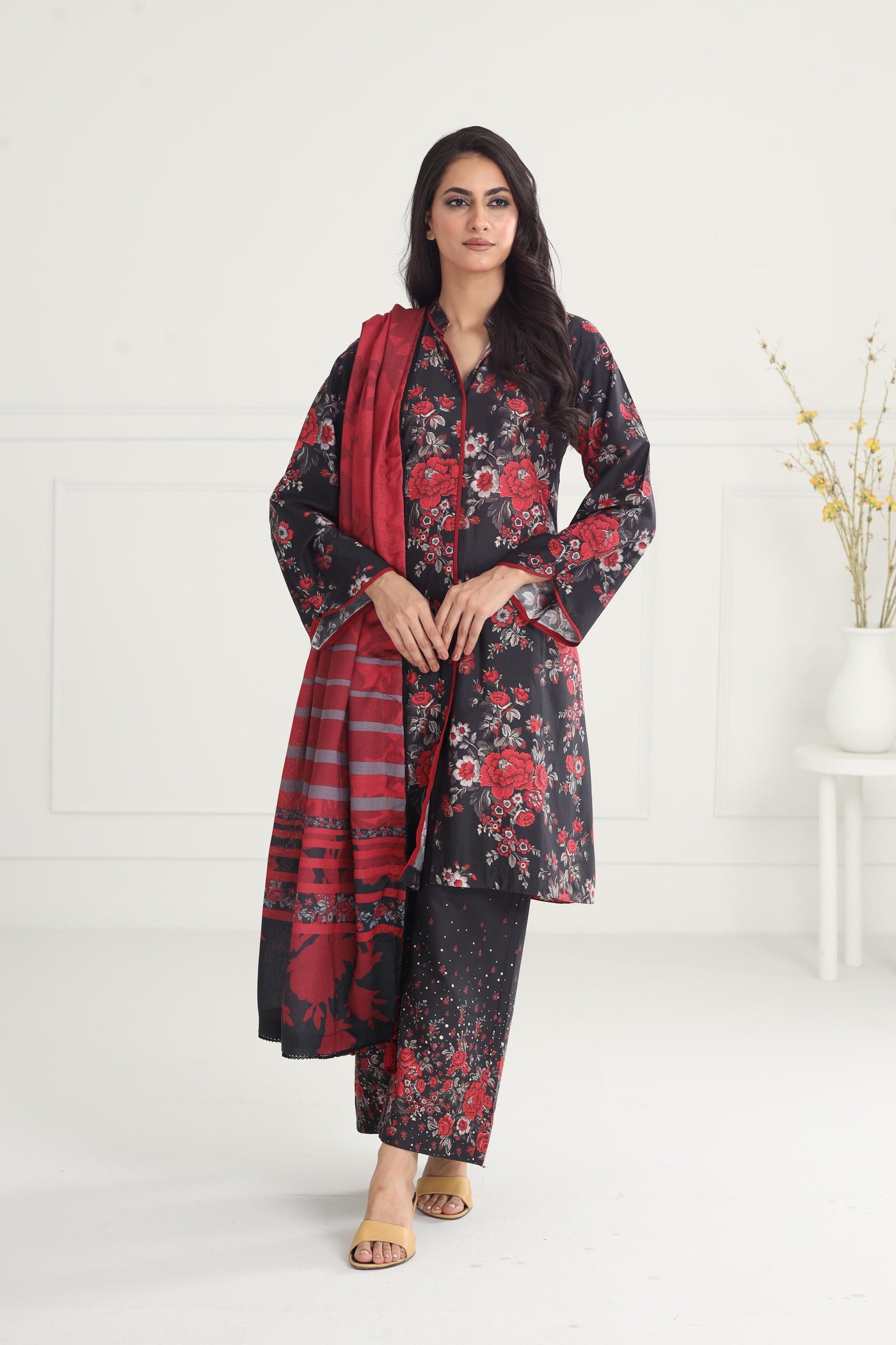 Embroidered Premium Viscose Red Stitched Suit - Jazmin