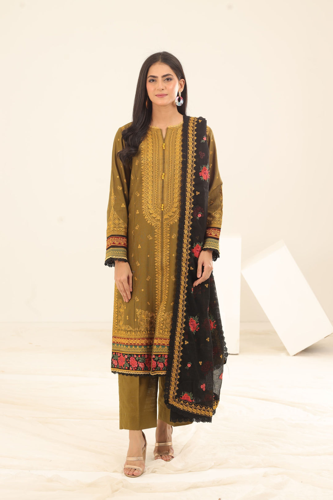 Golden Embroidered Khaddar 3 Piece Suit - Jazmin