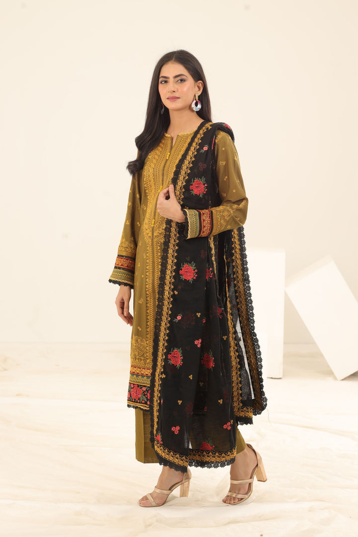 Golden Embroidered Khaddar 3 Piece Suit - Jazmin